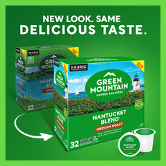 Stacked Green Mountain Nantucket Blend K-Cups on shelf for easy access.