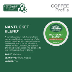 Green Mountain Nantucket Blend packaging showcases Fair Trade and Kosher certification for responsible sourcing.