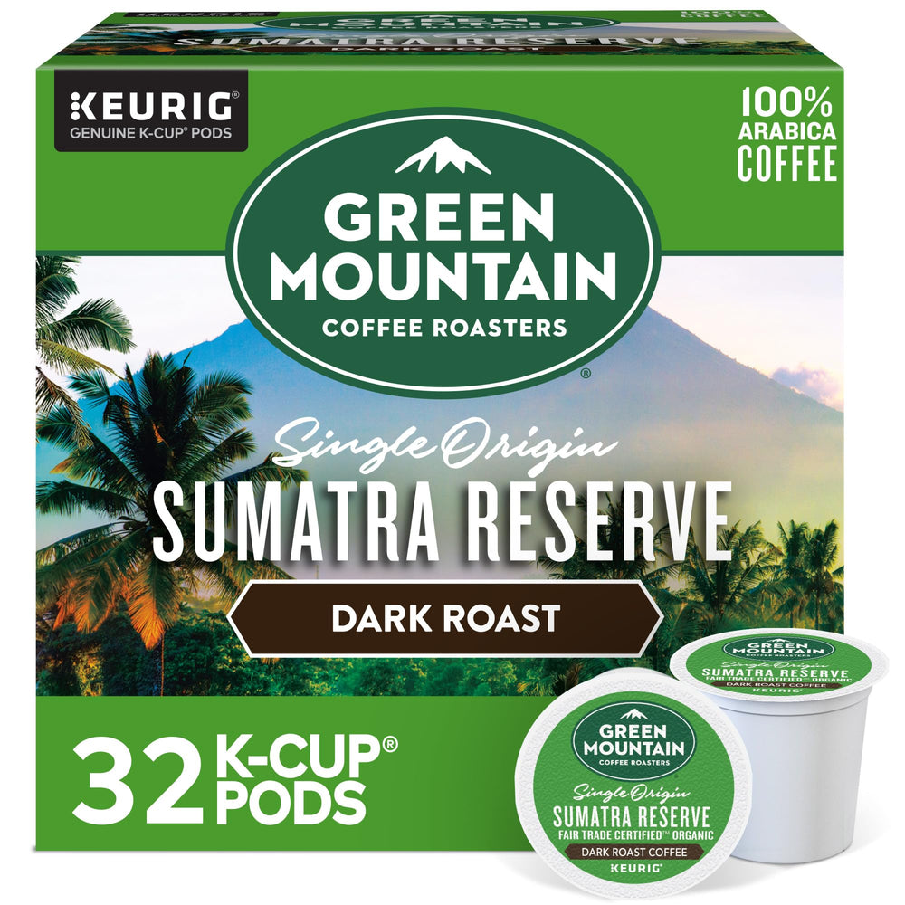 Green Mountain Sumatra Reserve pods in box, ideal for bold morning coffee.