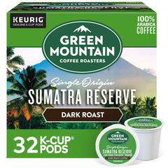Green Mountain Sumatra Reserve pods in box, ideal for bold morning coffee.