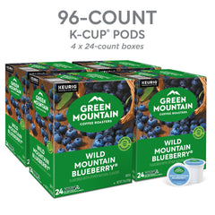 Green Mountain Wild Mountain Blueberry K-Cup pods displayed in a box for easy use.