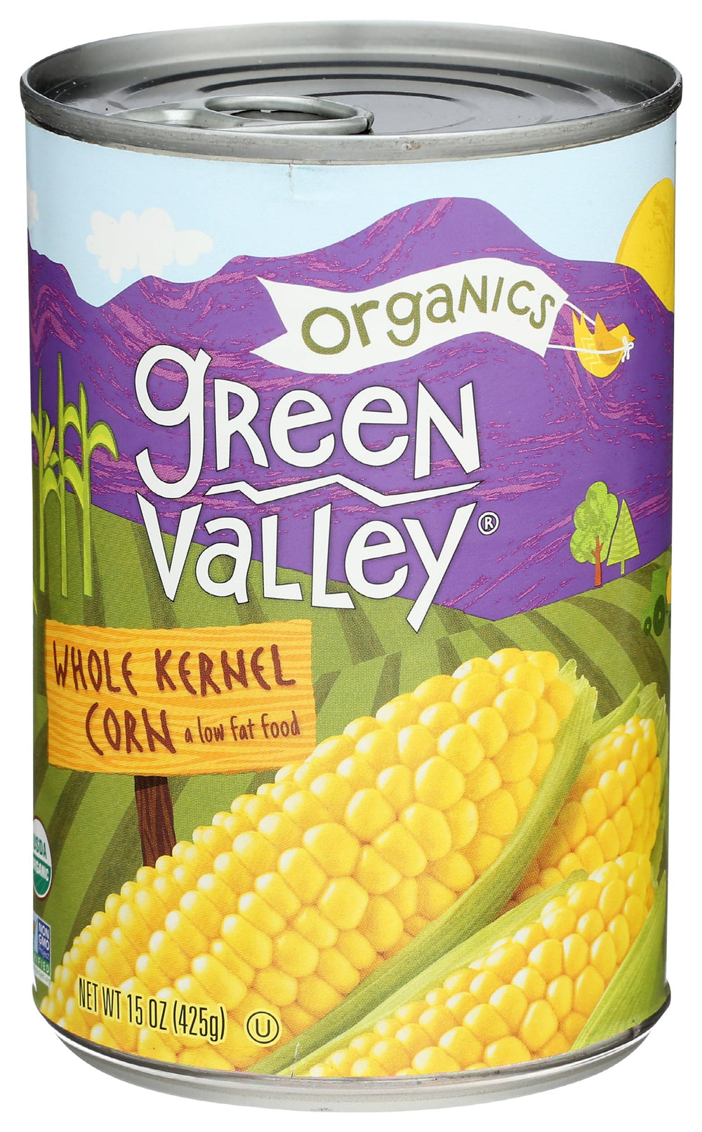 Green Valley Organic Whole Kernel Sweet Corn can front view, pantry staple for quick meals.