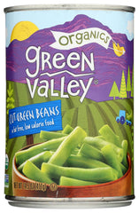 Green Valley Organic Cut Green Beans close-up, vibrant green color.