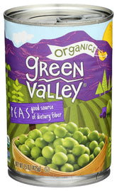 Green Valley Organic Sweet Peas close-up in can, vibrant and ready for quick sides.