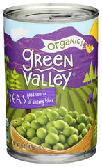 Green Valley Organic Sweet Peas close-up in can, vibrant and ready for quick sides.