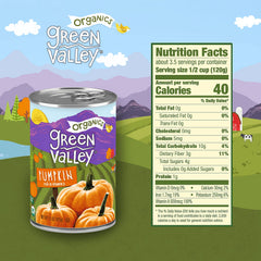 Green Valley Organics Pumpkin label close-up with USDA Organic and Kosher seals
