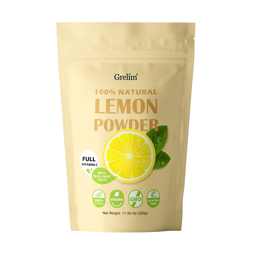Grelim Lemon Powder bottle closeup showing bright frozen lemon flavor