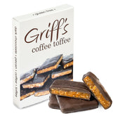 Griff's Coffee Toffee dark chocolate square on wood, rich coffee flavor.