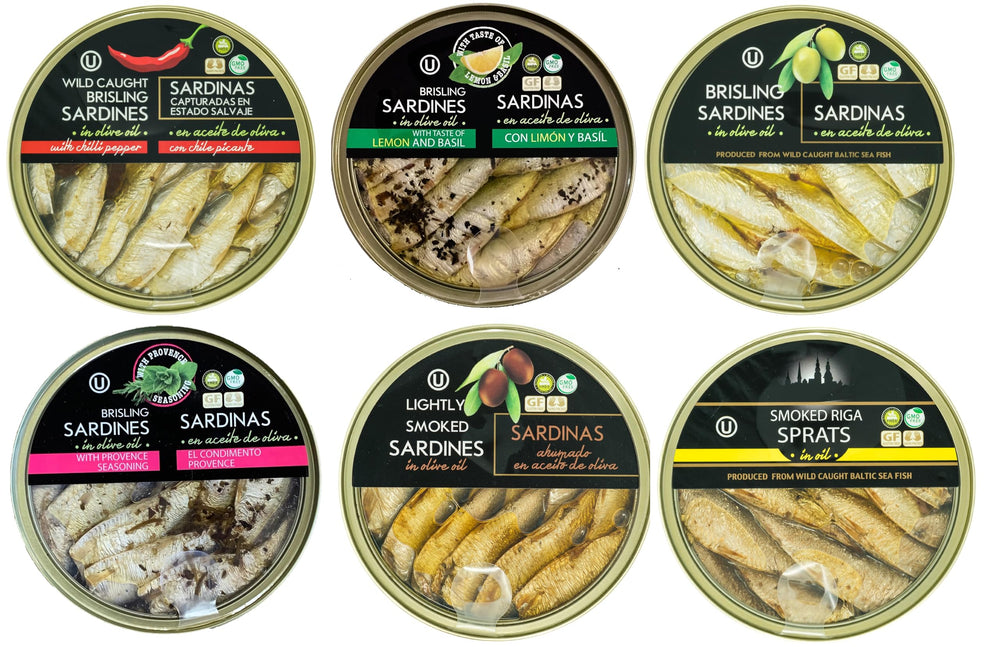 Grilled Catch brisling sardines in olive oil displayed in a ready-to-eat pack