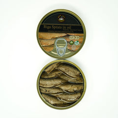 GRILLED CATCH Riga smoked sprats tin presents premium flavor for quick snacking.