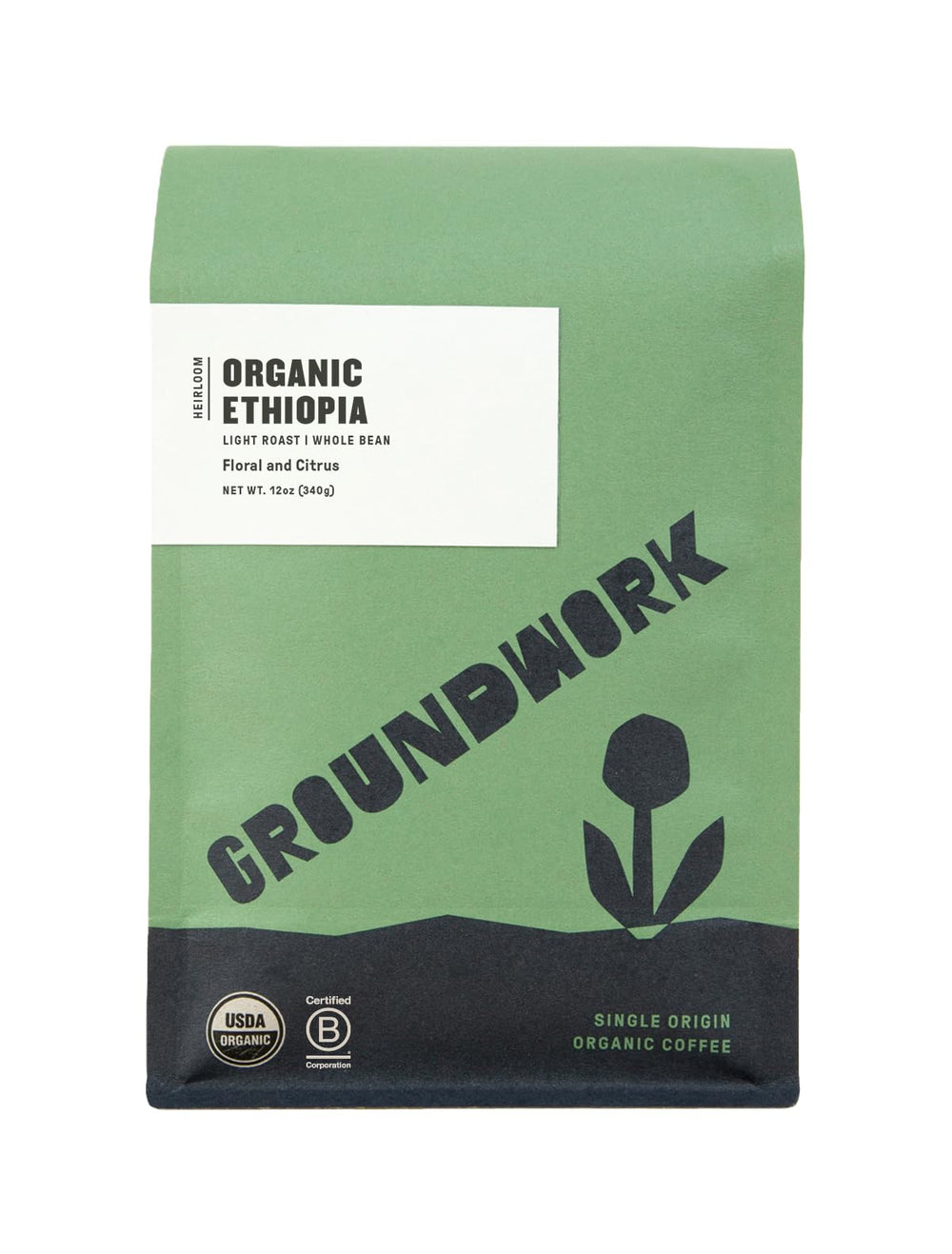 Groundwork Ethiopia Organic 12oz bag with premium beans for home brewing.