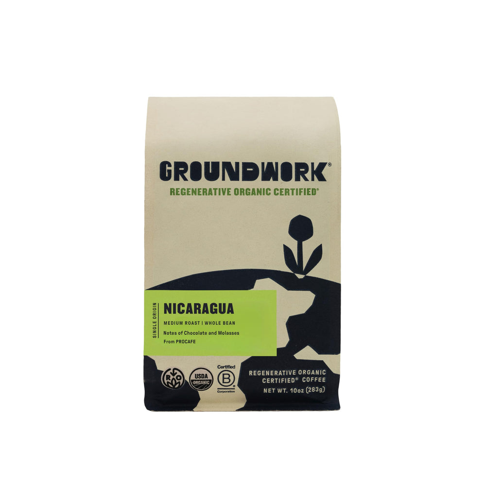 Groundwork Nicaragua regenerative whole beans in a 10 oz bag for fresh, aromatic brewing.