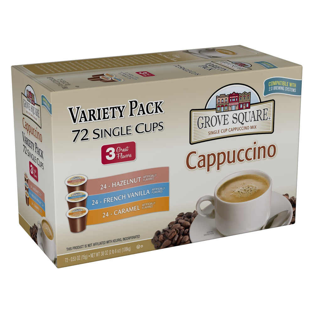 Grove Square cappuccino pods 72-pack front view for easy at-home convenience.