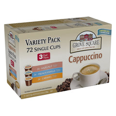 Grove Square cappuccino pods 72-pack front view for easy at-home convenience.