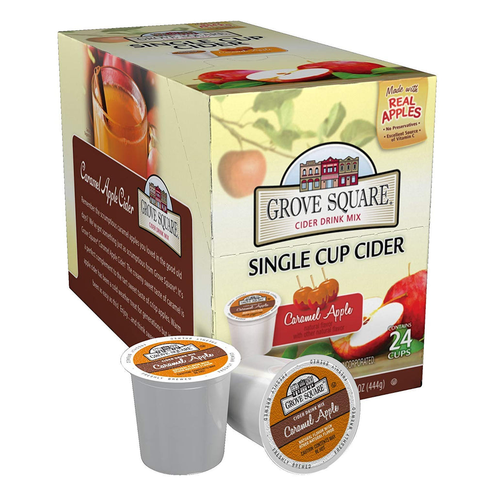 Grove Square Cider caramel-apple-cups ready to brew warm autumn flavor at home.