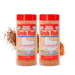 Grub Rub BBQ seasoning jar closeup showing bold smoky flavor for grilling.