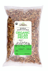 La Nogalera Organic pecan pieces in 2 lb bag ready for baking.