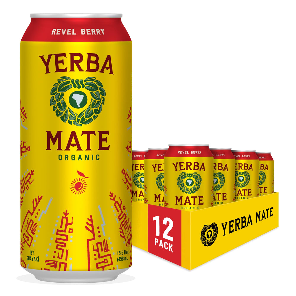 Guayaki Yerba Madre Revel Berry bottle showing vibrant flavor and steady energy.