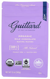 Guittard Organic 38% milk chocolate wafers in a 12 oz bag for baking.