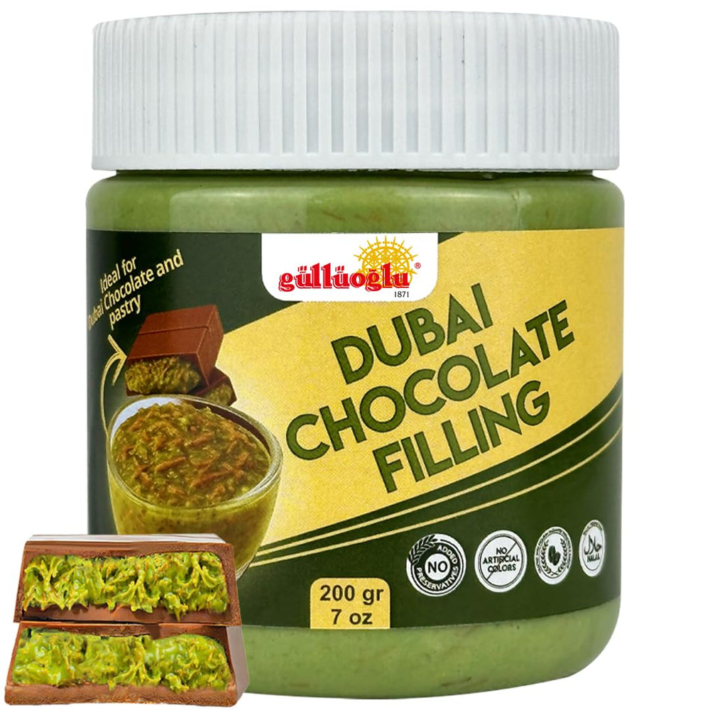 Gulluoglu Dubai chocolate filling jar shows pistachio cream and kadayif texture for premium desserts.