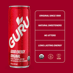 Guru Energy Drink ingredients panel, featuring natural organic components for a mindful lift