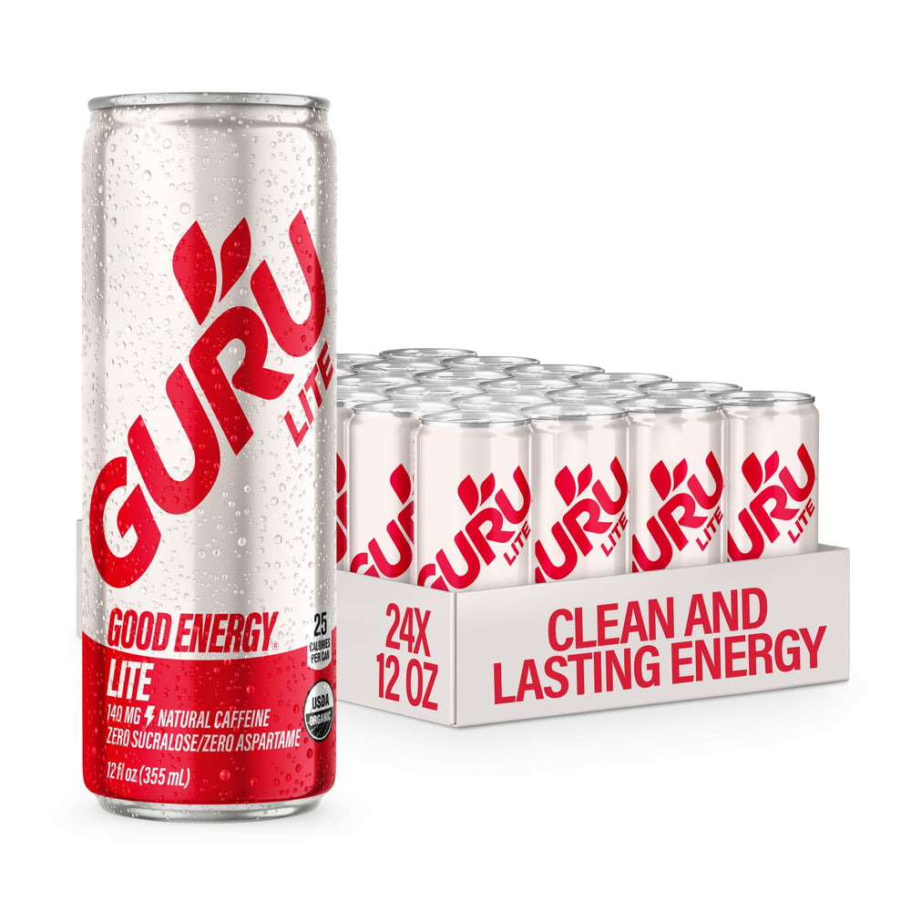 GURU Lite organic energy can with apple grape label boosts focus on the go