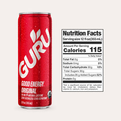 GURU Original energy can side view highlighting natural ingredients and gluten-free formulation