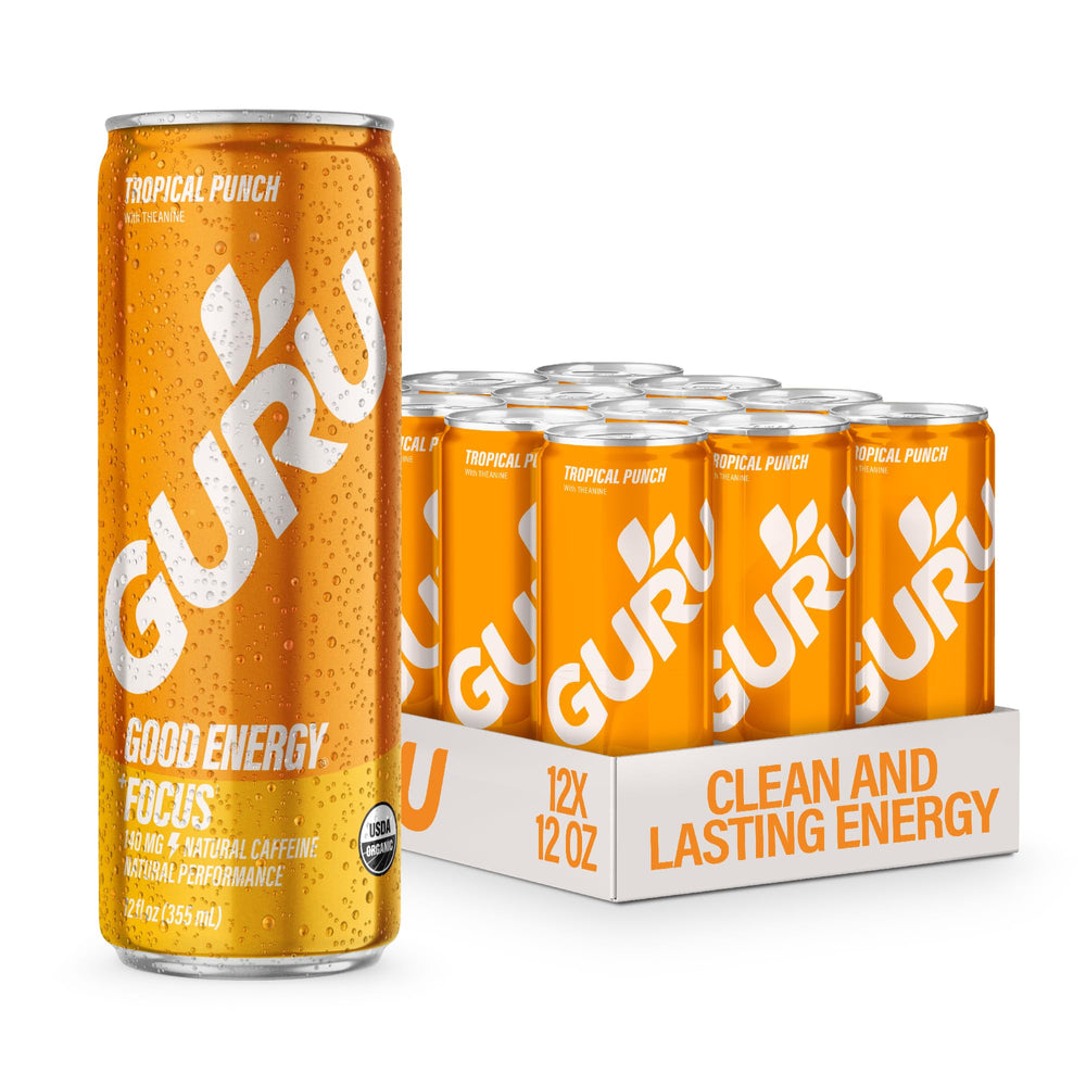 GURU Tropical Punch can front view highlighting natural caffeine for clean energy.