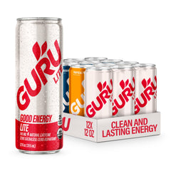 GURU variety-pack can-front with clean energy and organic ingredients