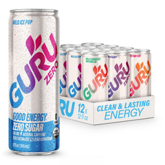 GURU Zero Sugar energy drink pack shot offers convenient, clean energy for busy days