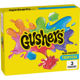 Gushers Tropical Fruit Snacks box front with three mini pouches, ideal for lunch boxes.