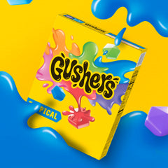 Gushers Tropical fruit snacks bursting liquid center hints at refreshing tropical taste.