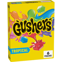 Gushers Tropical packaging on shelf, gluten-free snack option for busy families.