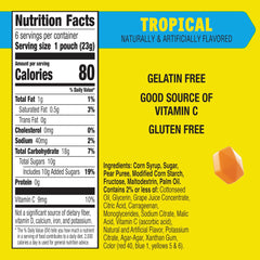 Gushers Tropical fruit snacks pouch opened showing juicy center and bursting flavor.