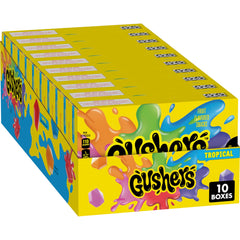 Gushers Tropical Movie Box mini pouch bursts with fruity center for a fun snack on the go