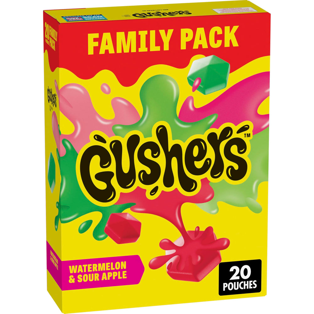 Gushers watermelon-sour-apple pouch shows the juicy liquid center for lunchboxes.