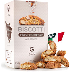GUSTA original almond biscotti in Tuscany packaging, ideal with coffee.