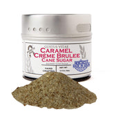 Gustus Vitae caramel creme brulee cane sugar in a magnetic tin for easy reach