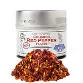 Gustus Vitae Crushed Red Pepper Flakes tin front ready for cooking