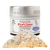 Gustus Vitae Everything But The Popcorn Seasoning tin on fridge for easy access