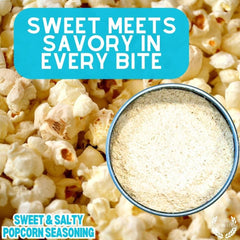 Gustus Vitae Everything But The Sweet and Salty Popcorn Seasoning dusting popcorn bowl shows even flavor