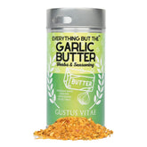 Gustus Vitae garlic butter seasoning jar enhances grilled dishes with buttery aroma.