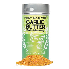 Gustus Vitae garlic butter seasoning jar enhances grilled dishes with buttery aroma.