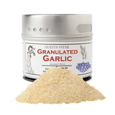 Gustus Vitae Granulated Garlic tin close-up showing texture for rich seasoning.