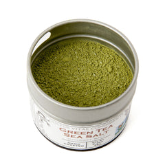 Gustus Vitae Green Tea Sea Salt label detail highlights sustainable sourcing and all-natural ingredients.