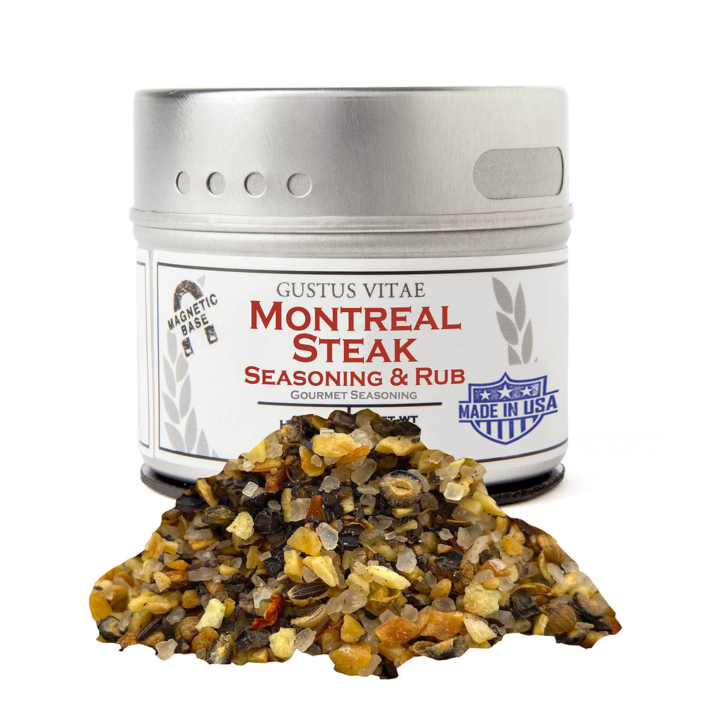 Gustus Vitae Montreal steak seasoning tin front for restaurant-grade steaks at home.