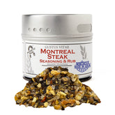 Gustus Vitae Montreal steak seasoning tin front for restaurant-grade steaks at home.