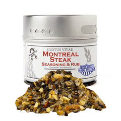 Gustus Vitae Montreal steak seasoning tin front for restaurant-grade steaks at home.