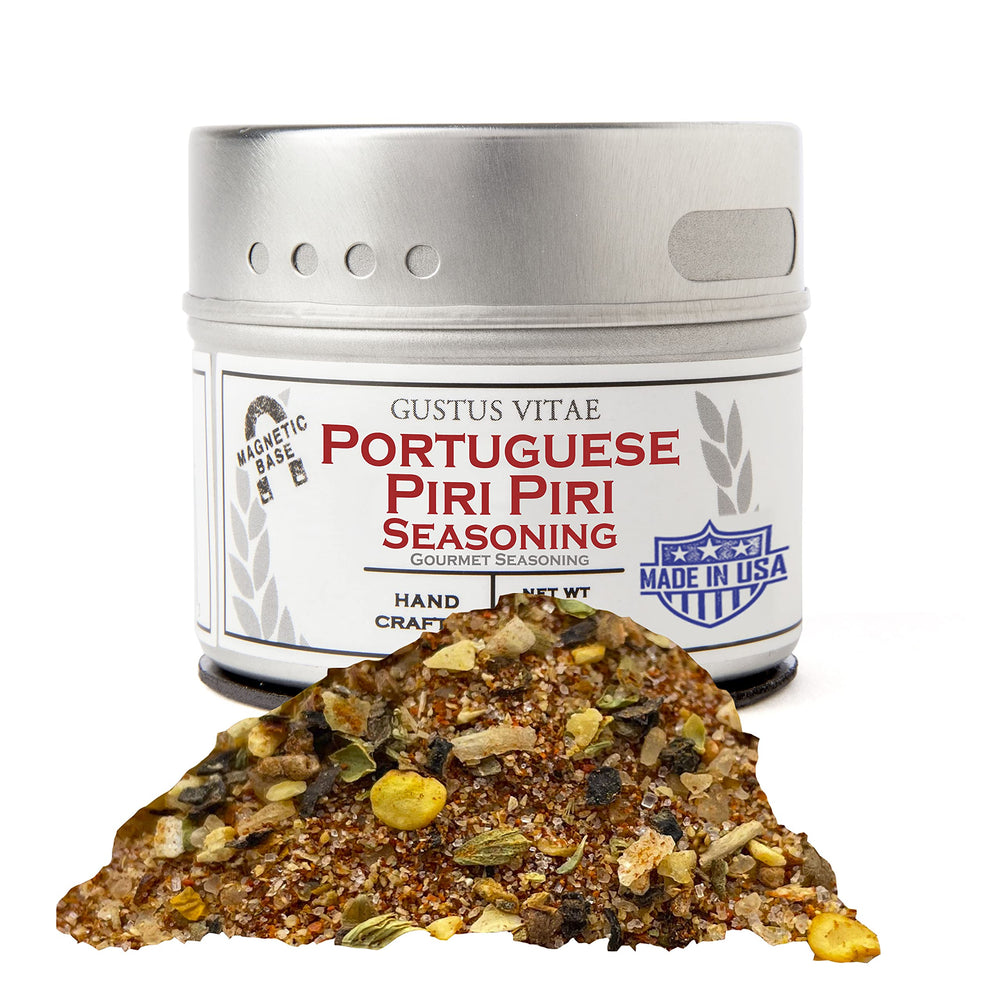 Gustus Vitae Portuguese Piri Piri fire seasoning tin closeup highlighting premium all-natural blend
