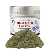 Gustus Vitae Rosemary Sea Salt tin on a shelf for gourmet finishing.